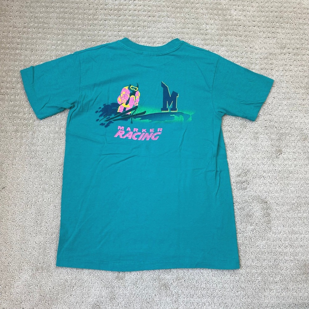 VTG Marker T-Shirt Medium 2-Side Graphic Ski Teal Single Stitch Hanes USA 90s - Picture 2 of 7